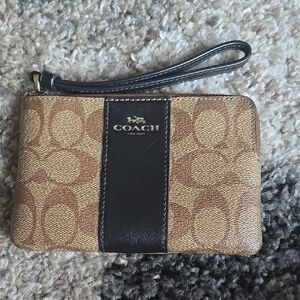 Coach Brown Signature Canvas Wristlet with Black Center Stripe